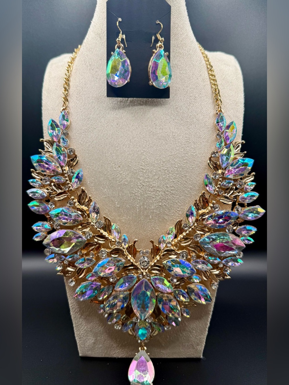 Gold Aurora Crystal Statement Necklace & Earrings Set